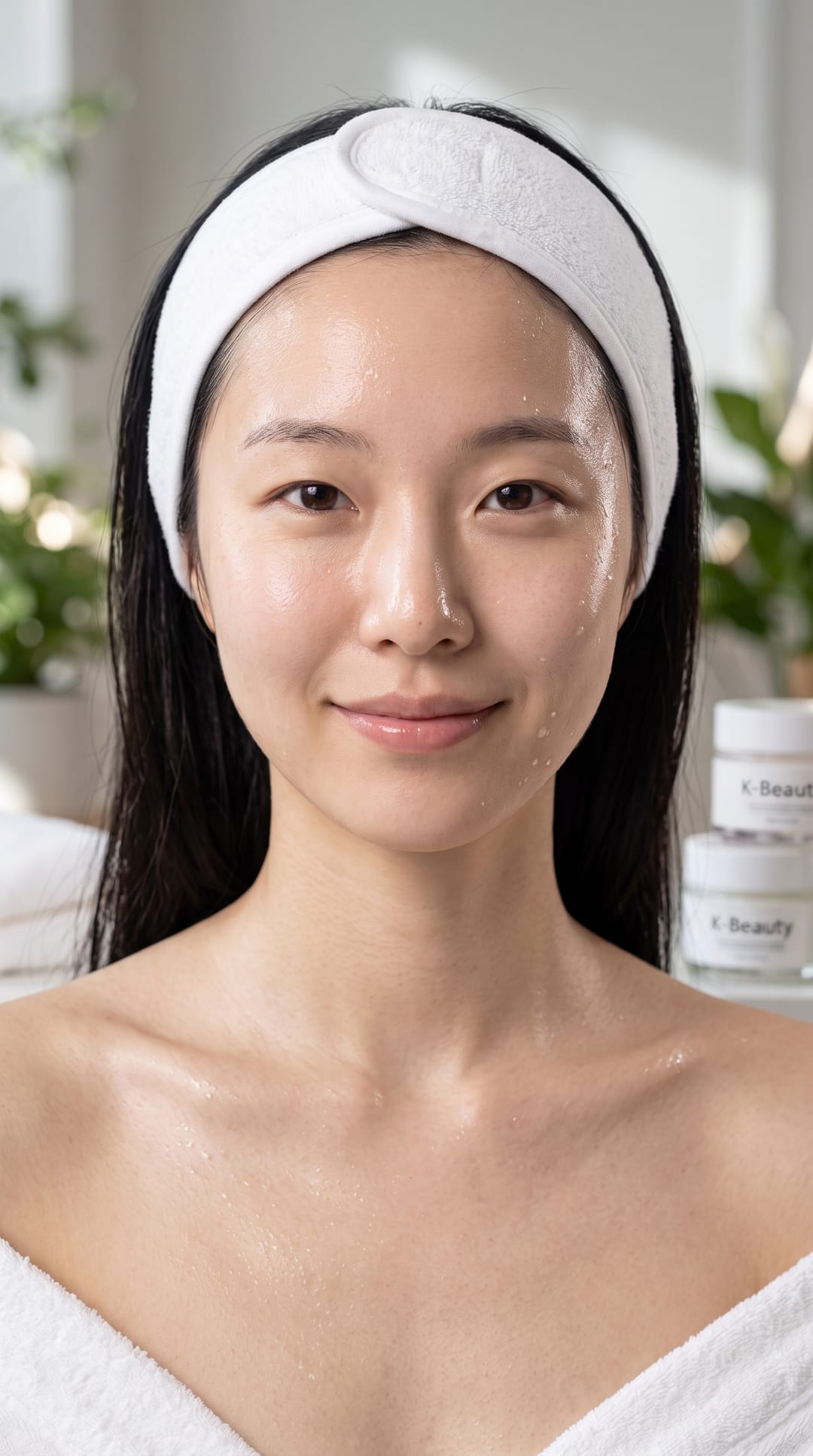 Guest in a white headband and robe in the Korean-style facial room in Cheras